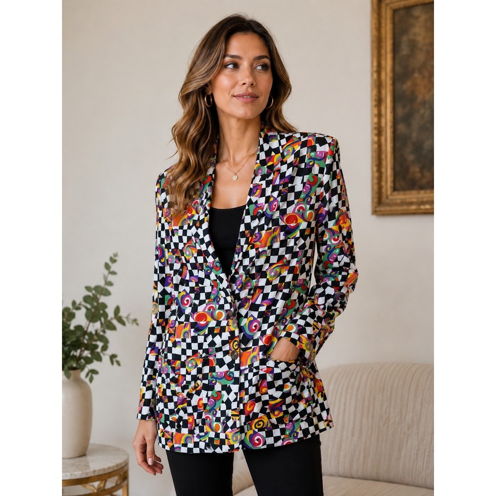 QUE SERA Vintage Statement Blazer M Multicolor Abstract Checkerboard Print 90s